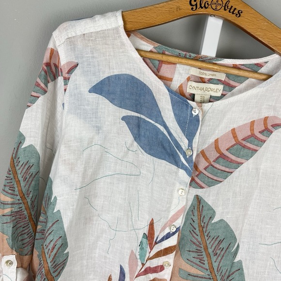 Cynthia Rowley Tunic Top Womens 1X Leaf Print 100% Linen Lagenlook Button Up - Picture 1 of 7